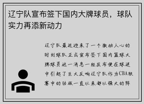 辽宁队宣布签下国内大牌球员，球队实力再添新动力