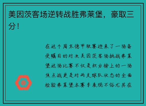 美因茨客场逆转战胜弗莱堡，豪取三分！